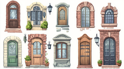 Fototapeta premium House facades with different doors and windows in brick wall. Vector cartoon set of wooden gates in classic style, lanterns and windows with glass, metal grate and shutters