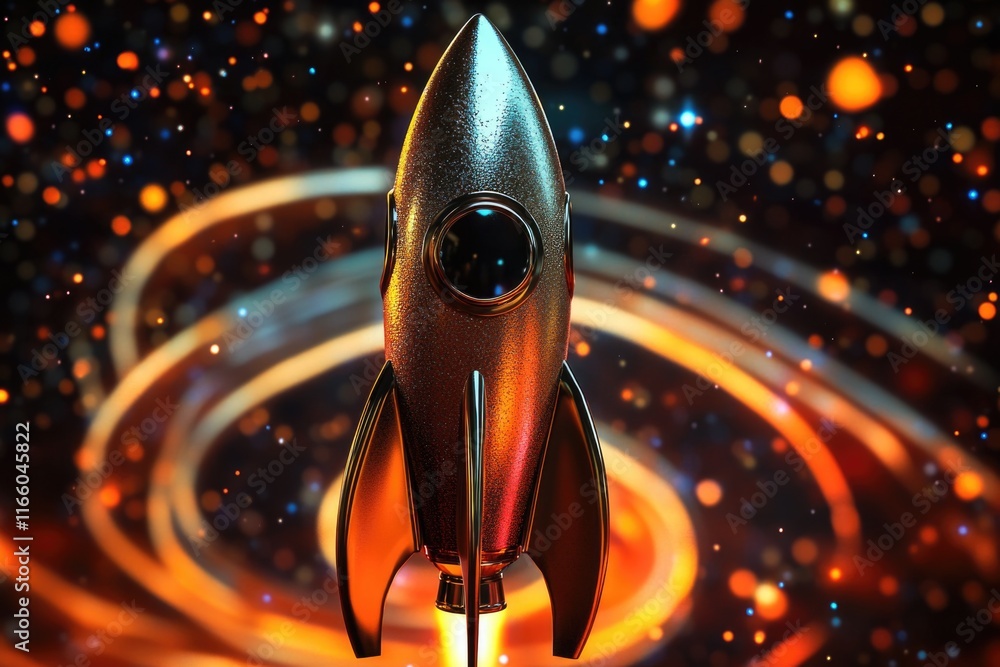 Poster A model of a space rocket in flight through the vastness of space