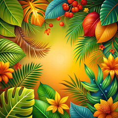Fototapeta premium Vibrant tropical leaves and flowers frame a sunny backdrop.