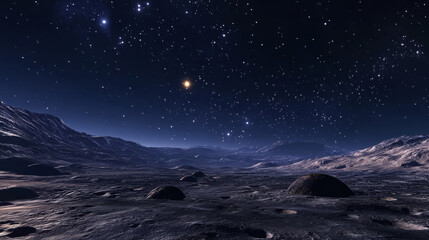 Alien planet surface with craters on background of dark blue cosmos sky with space bodies. Cartoon vector illustration of cosmic landscape. Fantasy universe object scenery for exploration concept.