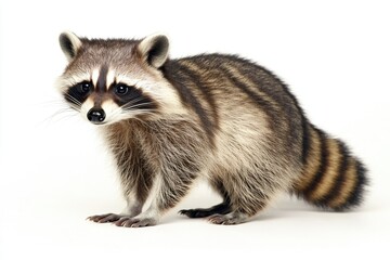 A small raccoon perched on a white surface, possibly a table or countertop