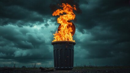 Garbage bin ignite under dark stormy sky, creating an impressive display of flames