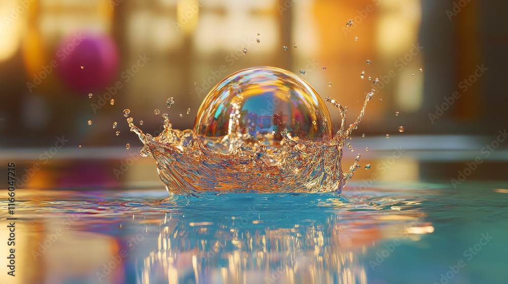 Poster soap bubble or balloon explode burst animation sequence. 3d magic foam water with reflection sprite 