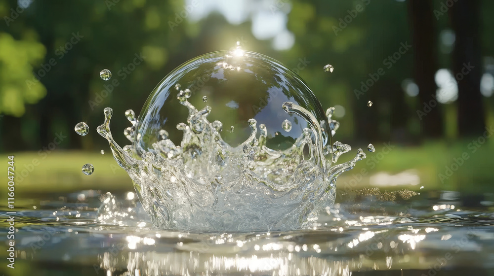 Poster soap bubble or balloon explode burst animation sequence. 3d magic foam water with reflection sprite 