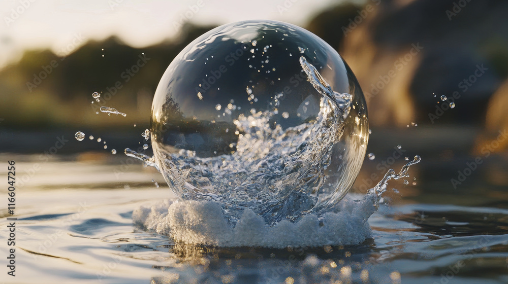 Poster soap bubble or balloon explode burst animation sequence. 3d magic foam water with reflection sprite 