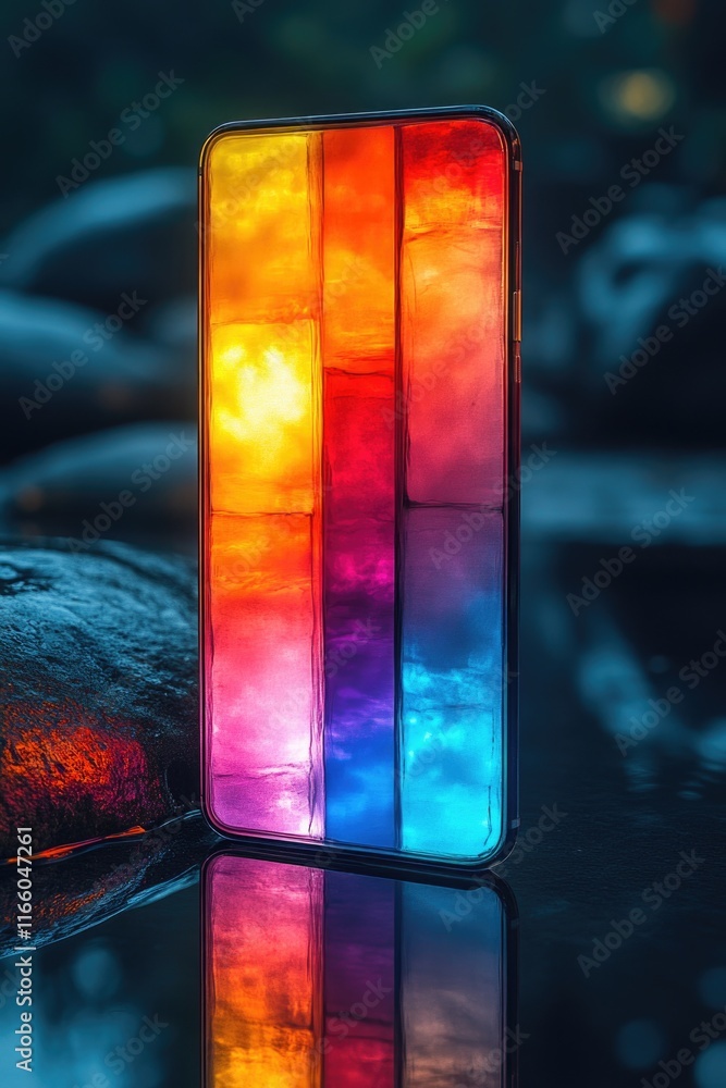 Aufkleber a colorful phone sitting on a reflective surface, ready to be used or admired