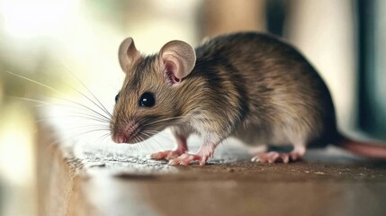 A small mouse sits atop a wooden table, looking curious