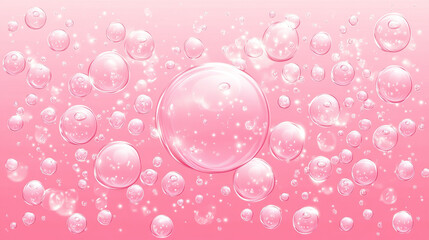 Water drops on pink background, scatter spherical aqua bubbles, wet liquid texture. Template for beauty product, moisture, skincare cosmetic production ads design, Realistic 3d vector Illustration
