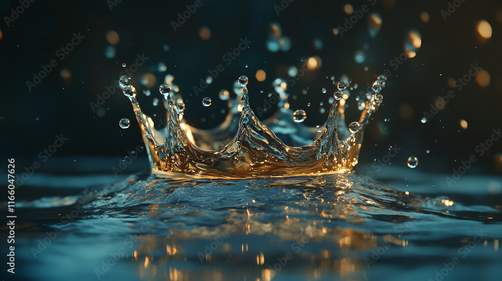 Poster water splash set. aqua liquid in shape of crown and dynamic motion elements with spray droplets side