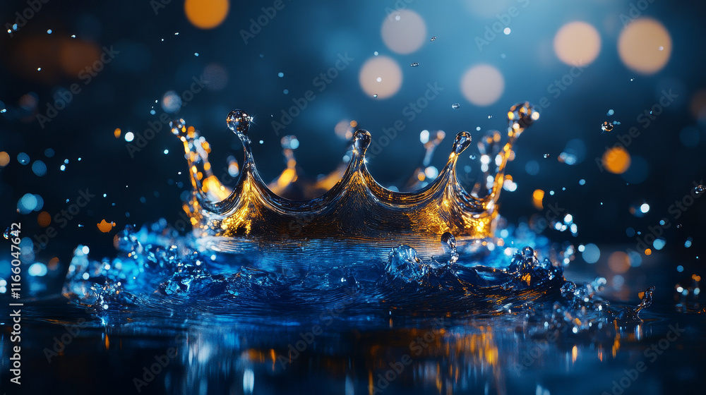 Poster water splash set. aqua liquid in shape of crown and dynamic motion elements with spray droplets side