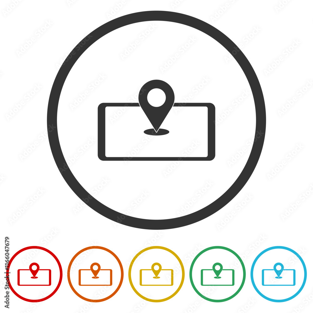 Aufkleber map pin on phone screen icon. set icons in color circle buttons