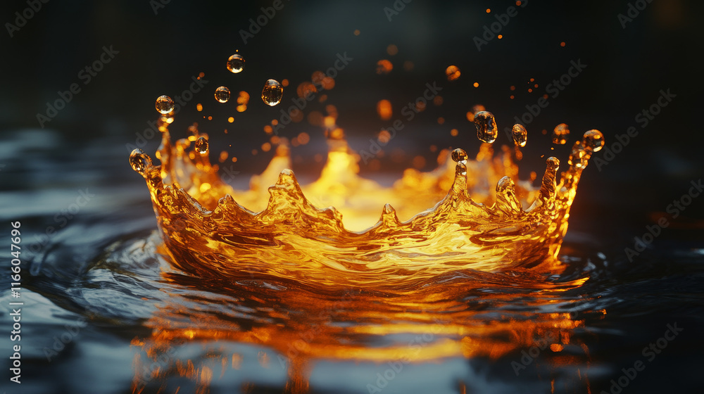 Poster water splash set. aqua liquid in shape of crown and dynamic motion elements with spray droplets side
