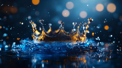 Water splash set. Aqua liquid in shape of crown and dynamic motion elements with spray droplets side view isolated on transparent background, hydration ad. Realistic 3d vector Illustration, clip art