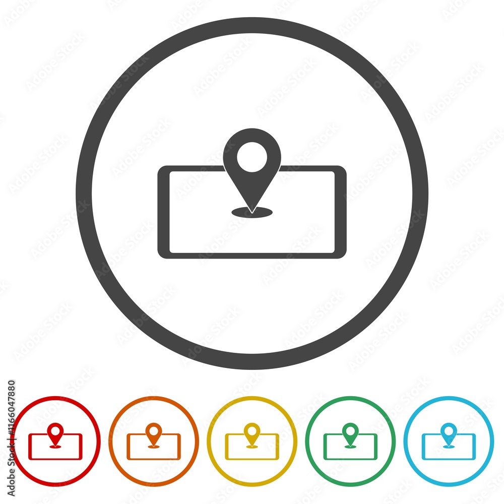 Aufkleber map pin on phone screen icon. set icons in color circle buttons