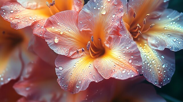 Gladiolus Dew Drops: Close-up macro shot of delicate pink and yellow gladiolus petals adorned with glistening dew drops, capturing the soft, ethereal beauty of nature.