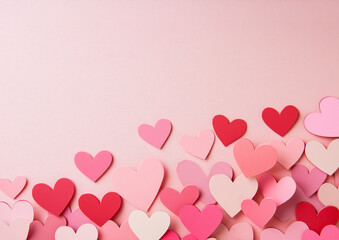 Plenty of Paper cutout hearts in shades of pink and soft red, valentine concept