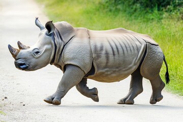 Obraz premium A rhino walks along a dirt road next to a lush green field
