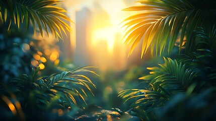 Lush tropical foliage frames a vibrant city sunrise.