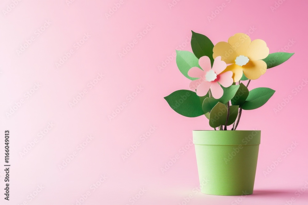 Poster a delicate paper flower sits in a green pot on a bright pink background, perfect for adding a touch 