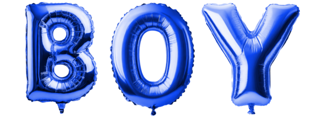 Isolated "BOY" text made of blue balloons on a transparent background.