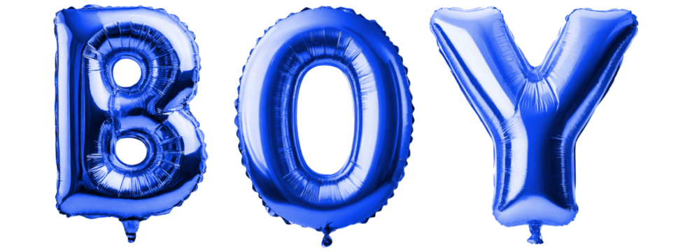 Isolated "BOY" text made of blue balloons on a transparent background.