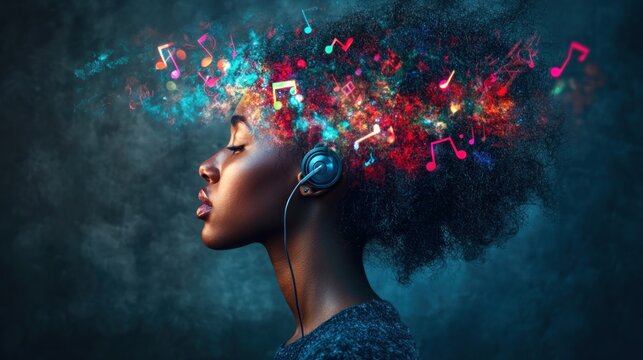 Woman listening to music, colorful notes exploding from her head.