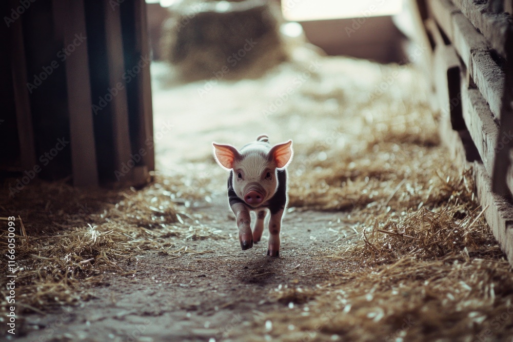 Poster a small pig runs freely inside a barn, one informative phrase about what pictured on image and a one