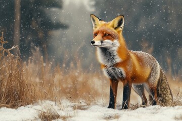 A single fox stands alone in a snow-covered field