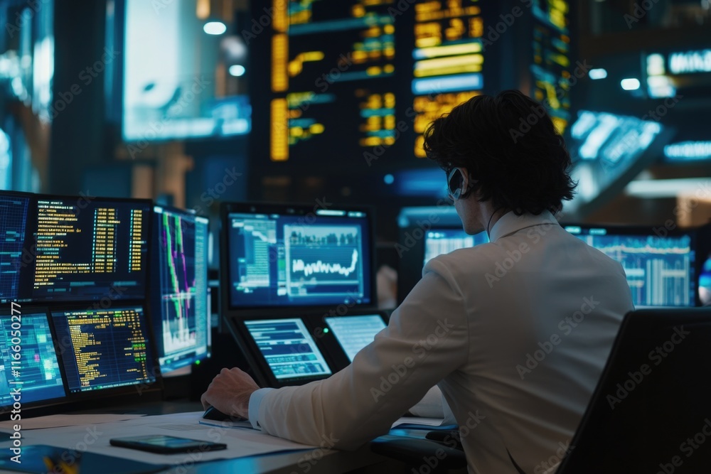 Poster A person sitting at a desk with multiple computer screens
