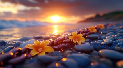 Sunset on a beach surrounded by rocks and colorful flowers, perfect for a peaceful atmosphere