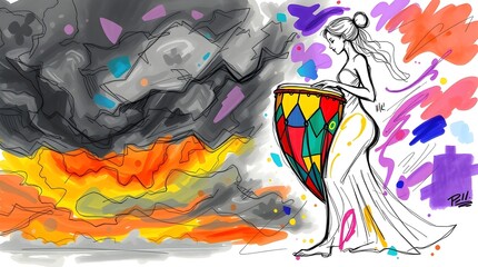 Obraz premium Hand-drawn sketch, intense dramatic lighting, warm terracotta and cool teal, vibrant digital illustration of an African drum with colorful abstract shapes, graceful figure with refined features,