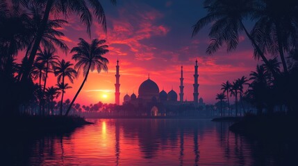 Naklejka premium Serene sunset over a mosque with palm trees.