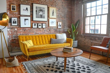A cozy living room with a mid-century modern vibe, including a mustard yellow sofa, a round wooden coffee table, and a patterned area rug.