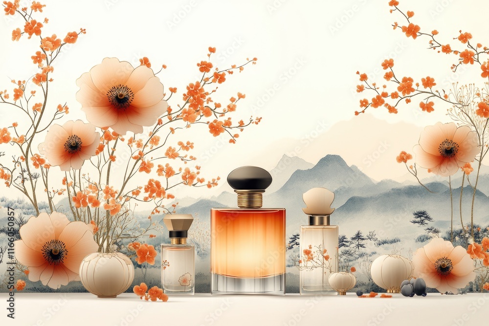 Poster a collection of perfume bottles displayed on a surface, perfect for showcasing scents or as a decora