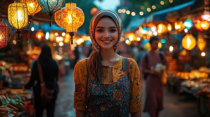 Obraz premium Smiling woman in a vibrant market setting.