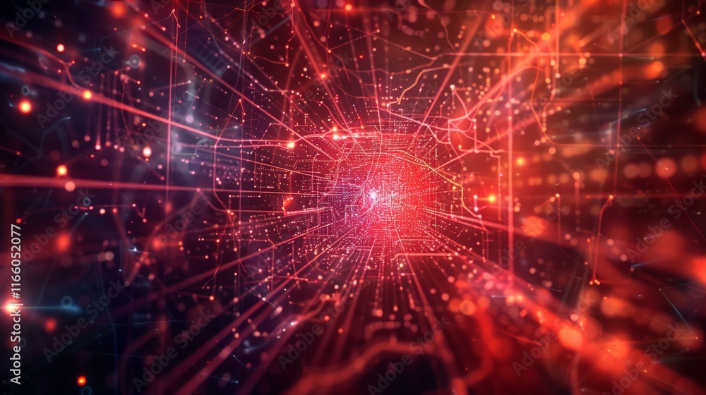 Poster red abstract technology background with glowing particles and plexus effect forming a tunnel effect,