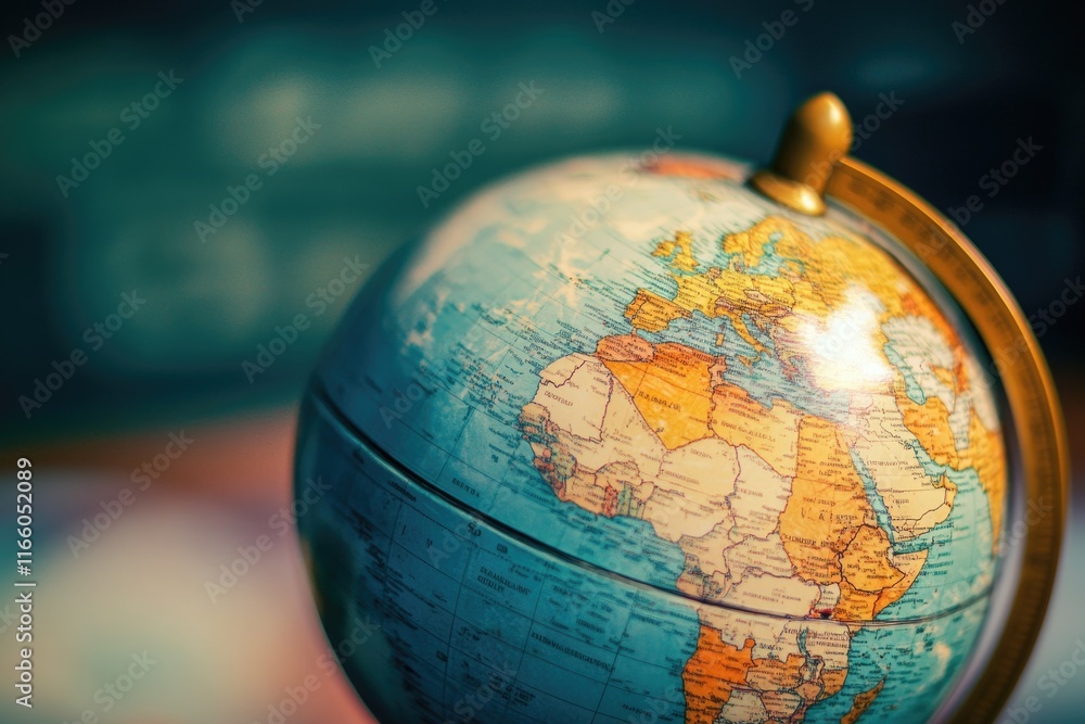 Poster a close-up view of a globe on a table, with detailed features and texture visible