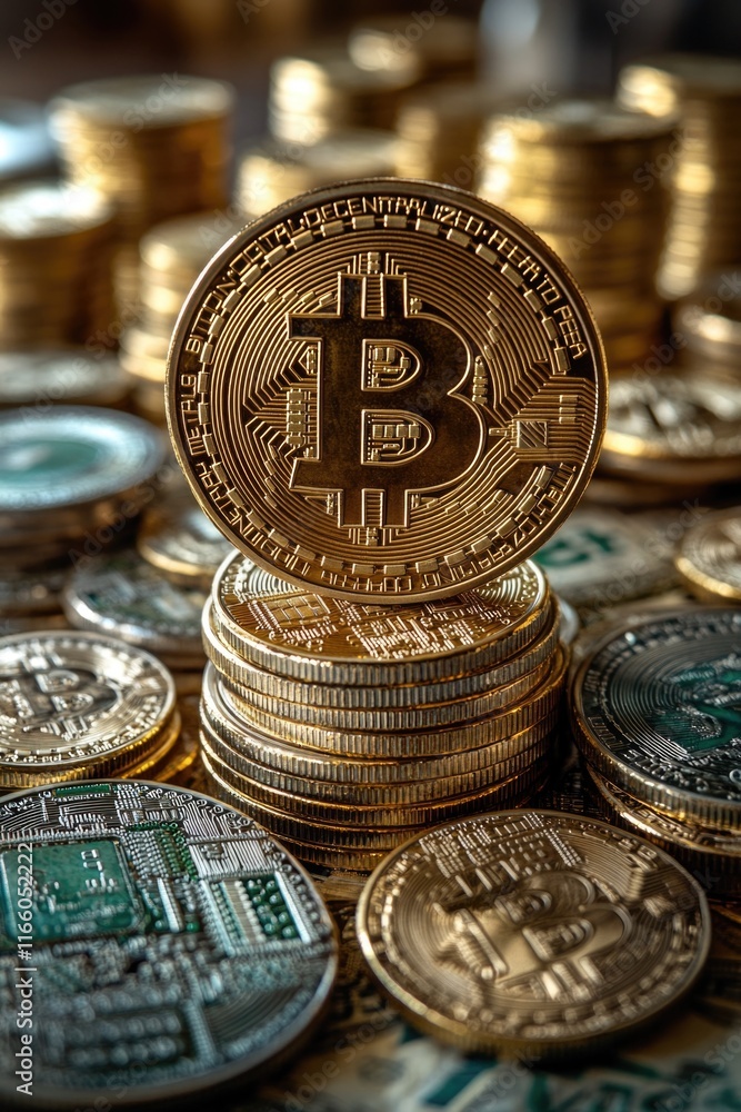 Poster a stack of bitcoins on top of a pile of coins, ideal for financial or cryptocurrency related concept