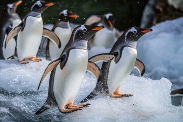 Fototapeta premium Group of penguins standing on snowy ground, great for winter or wildlife themes