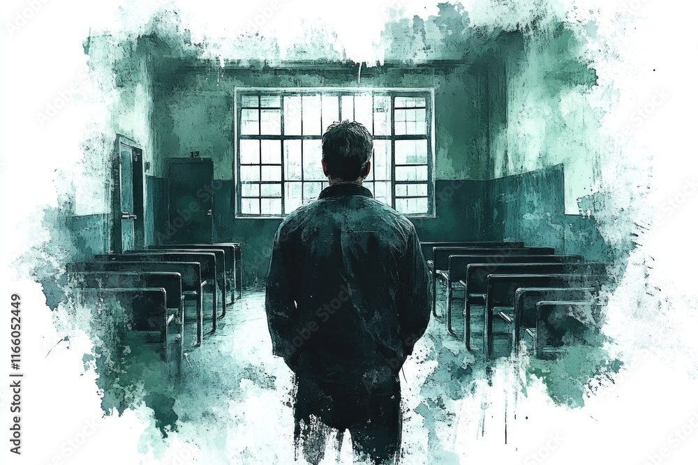 Poster a student stands at the window in a classroom