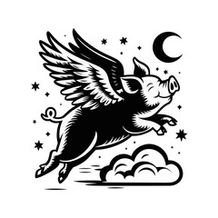 A stylized black and white illustration of a pig with wings. The pig is depicted in mid-flight, soaring above a cloud