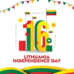 Lithuania Independence Day. Lithuanian national day colourful social media post. 16th February Lithuania celebration post with modern art elements and flag. Vector stock illustration
