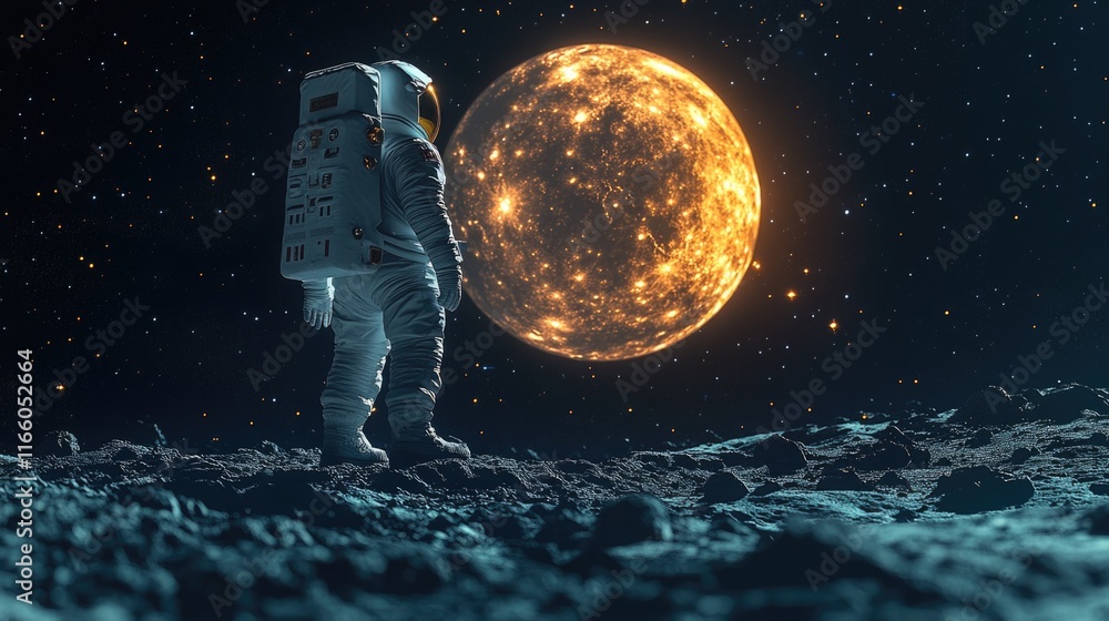 Poster An astronaut stands on the lunar surface in a spacesuit, exploring the moon's terrain