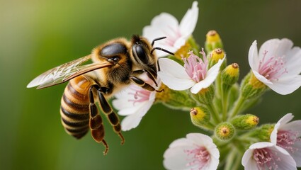 Close-up photo of a busy bee collecting pollen from a vibrant yellow flower in a blooming spring garden