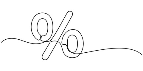 Linear background of percent sign. One continuous line drawing of a percent sign. Vector illustration. Linear percent icon isolated, Continuous one line percent sign. Stock illustration.