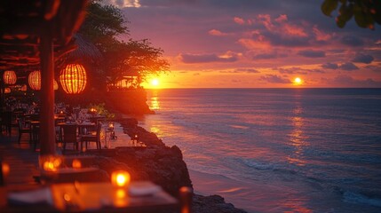 A restaurant by the sea with a beautiful sunset view, perfect for a romantic dinner or special occasion