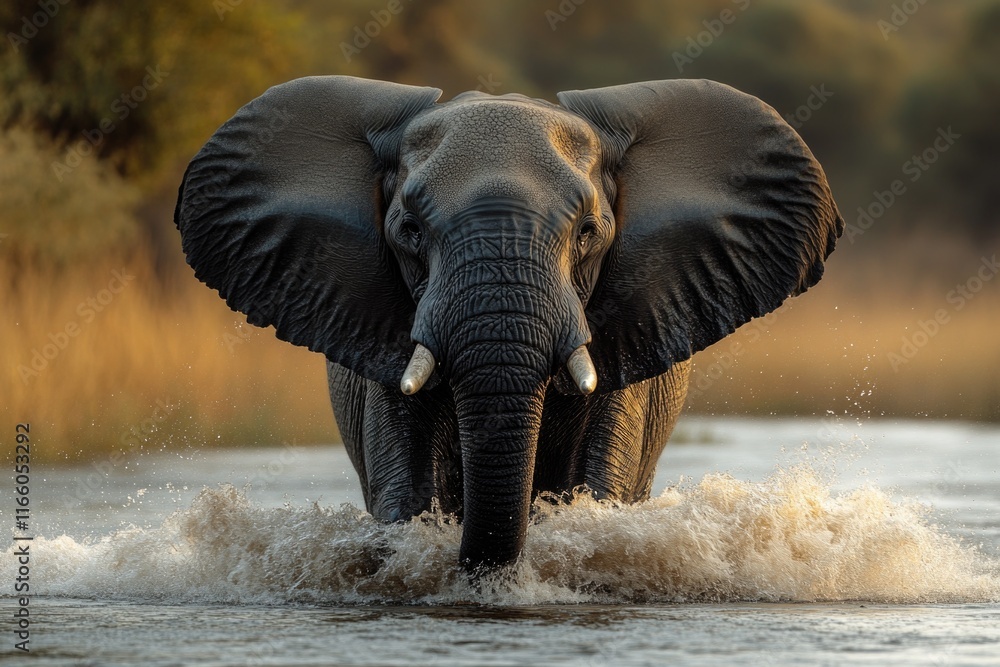 Poster an elephant walks through a calm river with gentle ripples