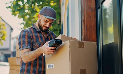 A man scans a barcode on a box outdoors, likely for inventory or delivery purposes.