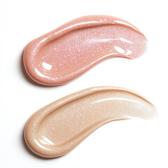 Fototapeta premium Glossy Texture of Pink and Beige Creams with Sparkle on White Background for Beauty and Cosmetic Product Showcases in Stock Photography