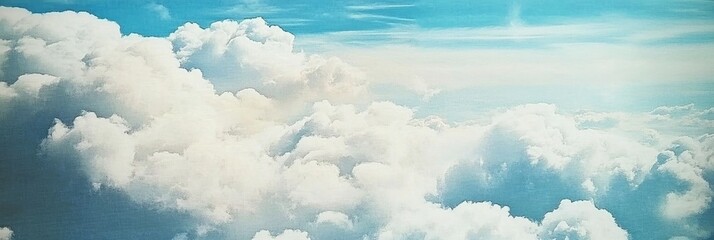 Vintage sky photography, giant fluffy cumulus cloud, retro teal background, nostalgic summer atmosphere, dreamy cloudscape, high contrast, textured cloud surface, wispy cirrus clouds, sun-drenched sky